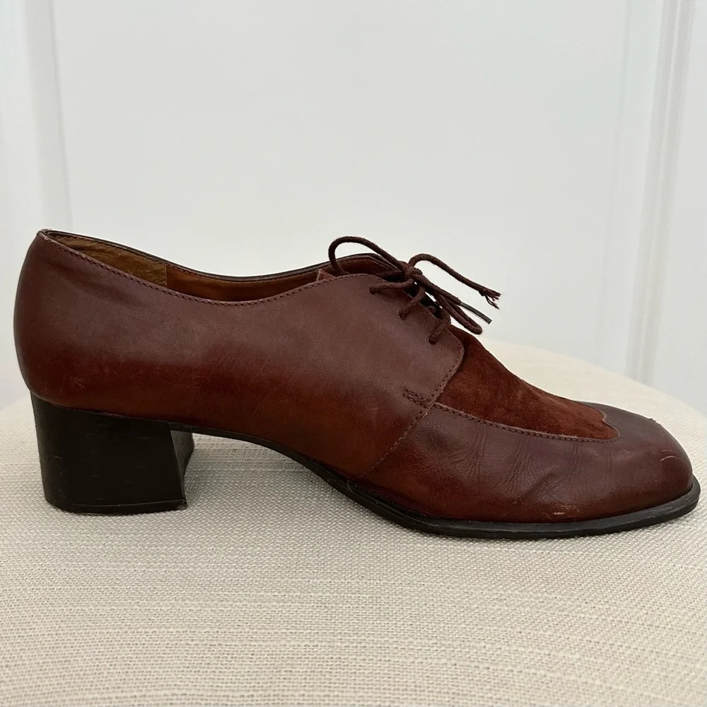 Vintage Brown Suede Leather Heeled Loafer Shoes- Preppy Collegiate Fall Office